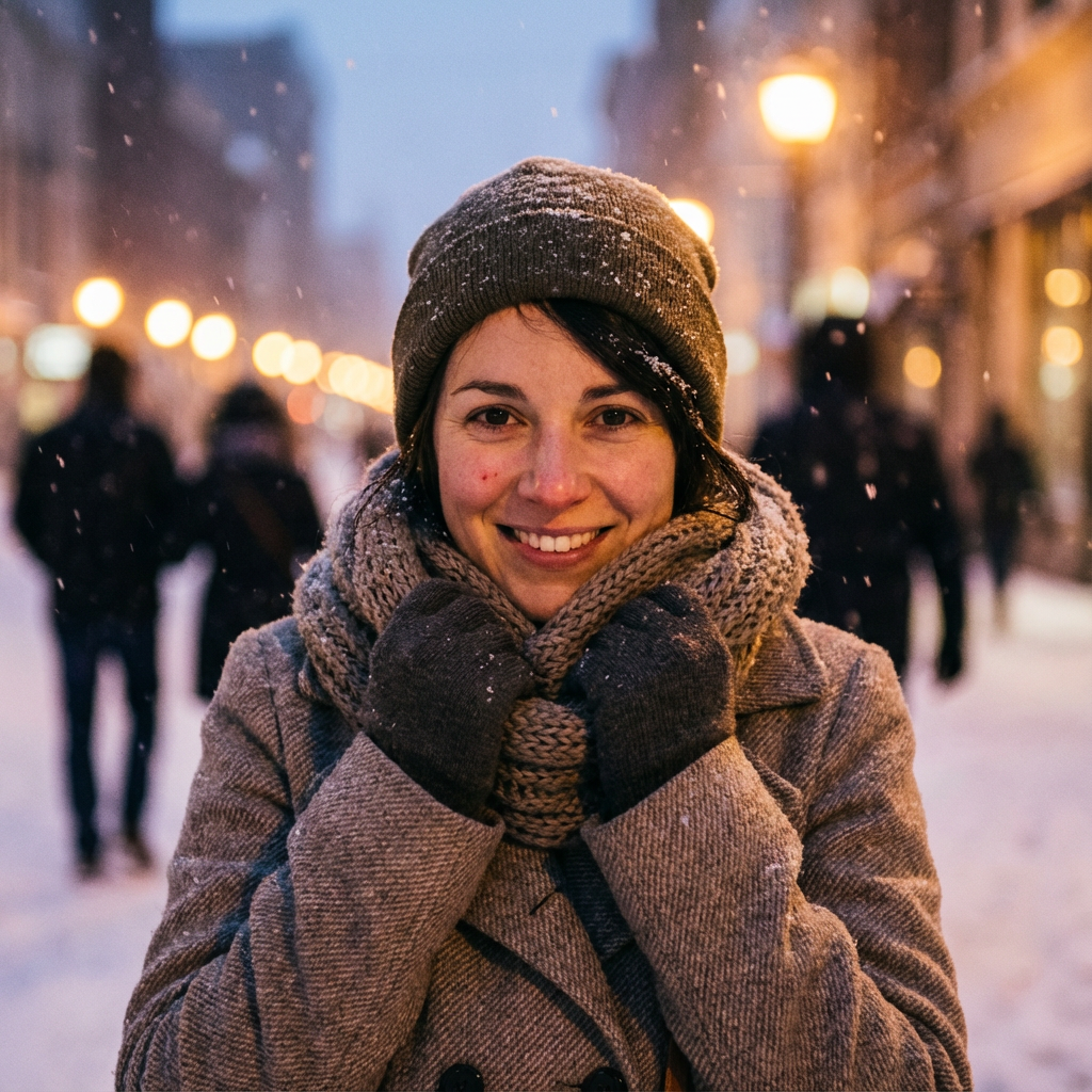 Snowy Street Cozy (winter fit, cinematic)