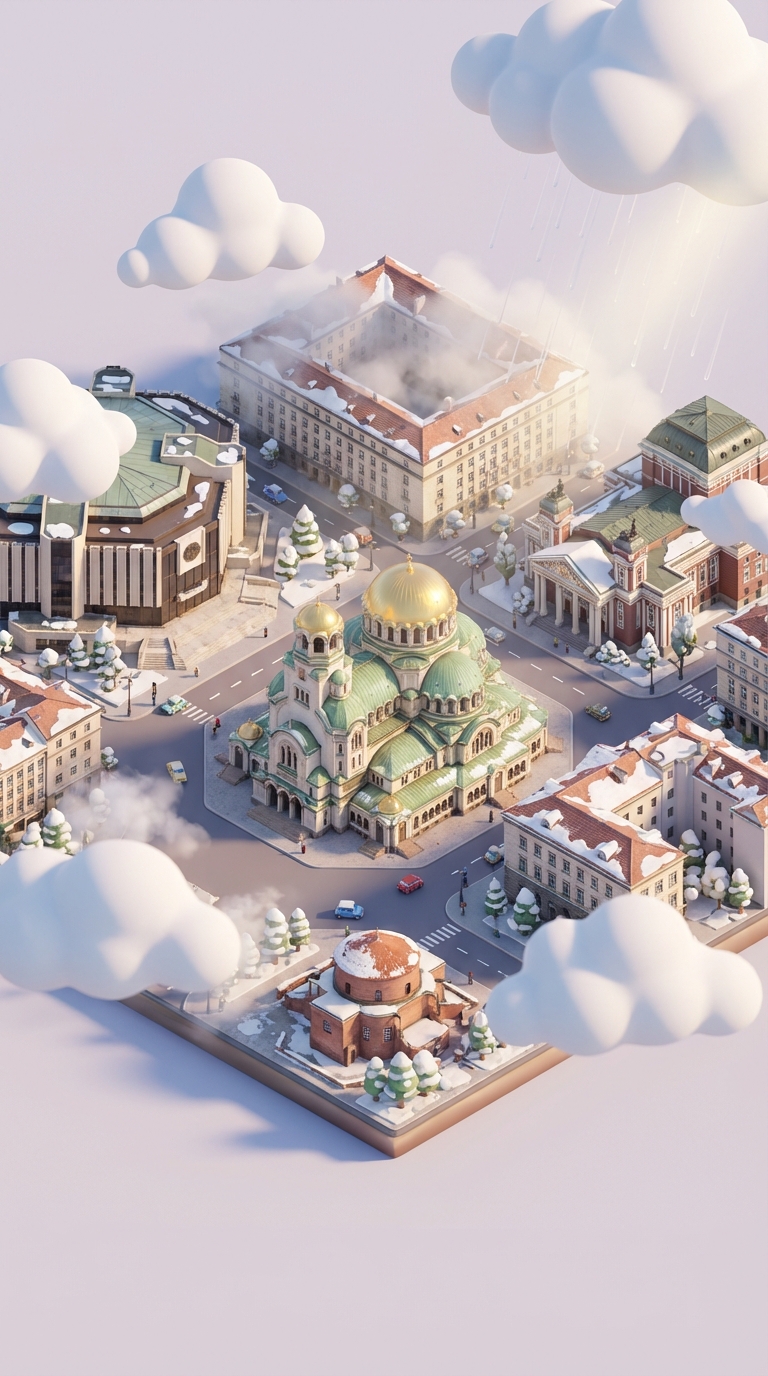 Isometric 3D Cartoon Scene with Weather Effects